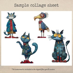 May include: A sample collage sheet featuring whimsical illustrations of anthropomorphic animals. The sheet includes a bird and three cats, all with unique outfits and expressions. The text "Sample collage sheet" is at the top.
