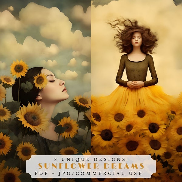 Sueños de girasol, paisajes oníricos de girasol surrealistas, tarjetas de diario basura de otoño, artículos digitales surrealistas, suministros para álbumes de recortes, efímeras imprimibles