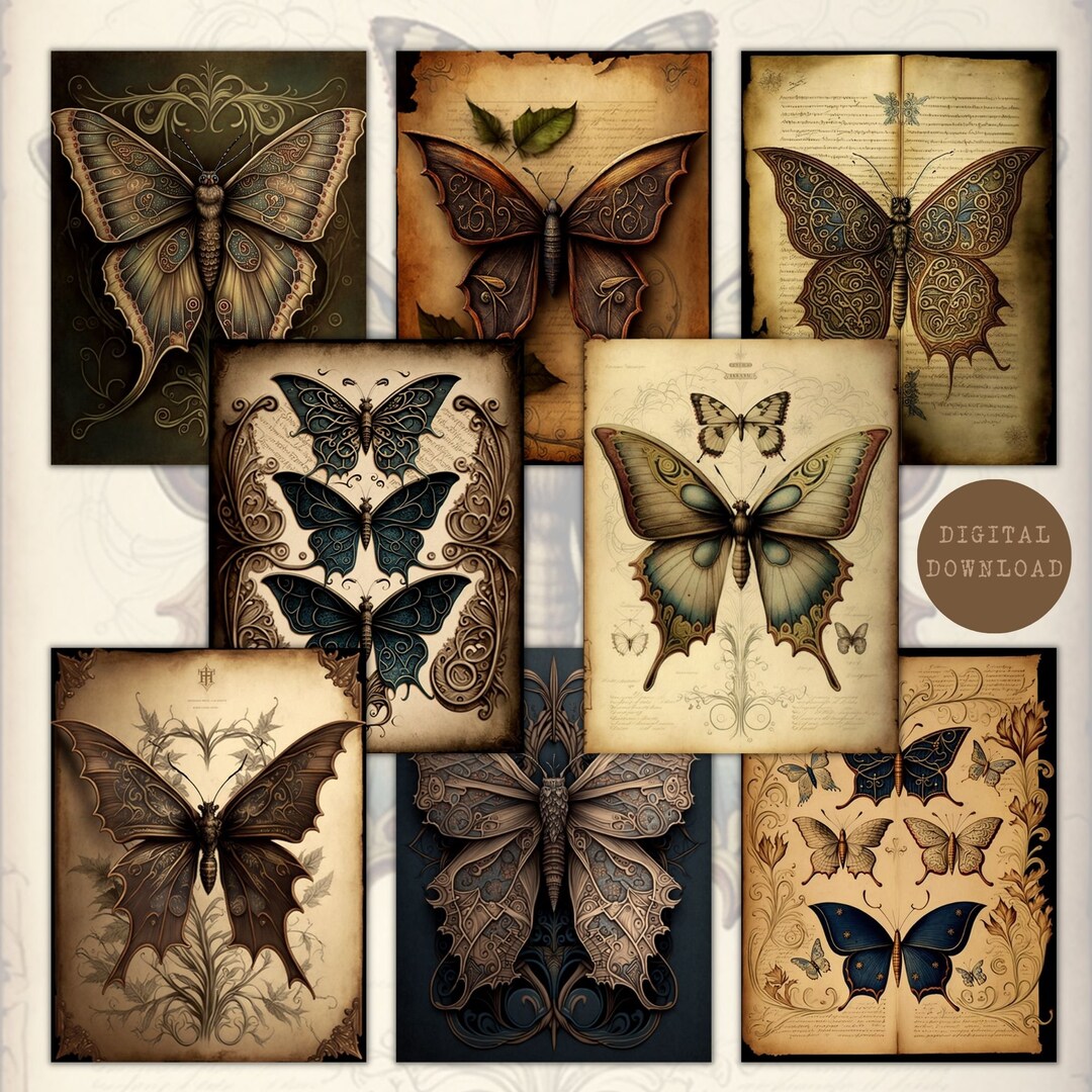 Vintage Butterflies ATC Cards Medieval Style Collage Sheet Butterfly