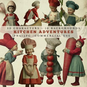 Puede incluir: Imagen de arte digital que presenta a niños vestidos como chefs con varios accesorios de cocina. La imagen incluye el texto "20 Characters + 10 Backgrounds Kitchen Adventures PNG+JPG / Commercial Use."