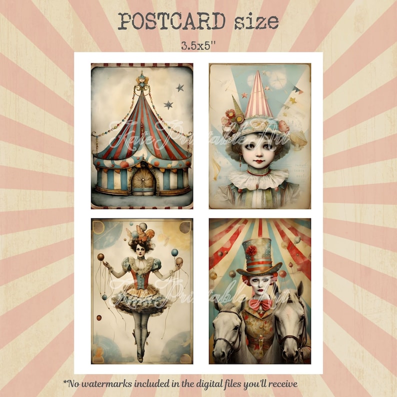 Puede incluir: Cuatro postales de estilo vintage con im&aacute;genes de circo. La postal de arriba a la izquierda muestra una carpa de rayas de colores con una fachada azul y blanca. La postal de arriba a la derecha muestra a una ni&ntilde;a vestida de payaso con un sombrero de rayas rojas y blancas. La postal de abajo a la izquierda muestra a una mujer haciendo malabares con pelotas mientras lleva un vestido rojo y blanco. La postal de abajo a la derecha muestra a una mujer vestida de payaso montando un caballo blanco con una carpa de rayas rojas y blancas en el fondo.