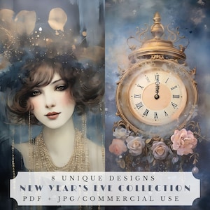 Pagine di diario di Capodanno, effimeri digitali unici per scrapbooking e creazione di cartoline, fuochi d'artificio, champagne, carte per orologi vintage