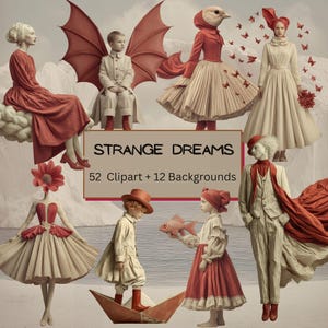 Può includere: Un'opera d'arte digitale surreale con figure in costumi stravaganti. L'immagine include un cartello con la scritta "STRANGE DREAMS" con "52 Clipart + 12 Backgrounds" sotto. La tavolozza dei colori è dominata da sfumature di rosso, crema e beige.