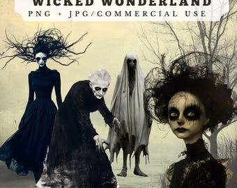 Creepy Halloween Collage Graphics, Eerie Junk Journal Art (Digital Download)