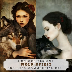 Wolfgeest, surrealistische junk-dagboekkit, afdrukbare boscollagebenodigdheden, kortstondige plakboek, versiering atc-kaarten