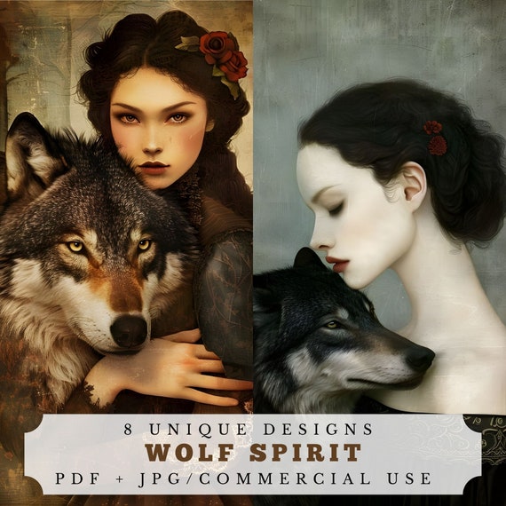 Wolf spirit, surreal junk journal kit, printable forest collage supplies, scrapbook ephemera, embellishment atc cards