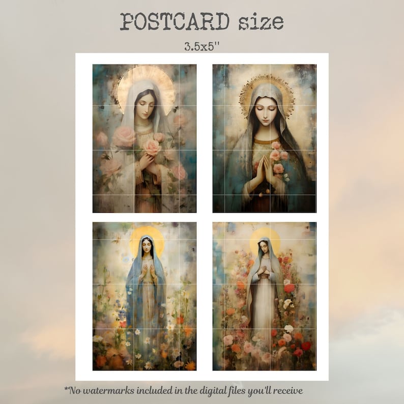 May include: Four digital art prints of the Virgin Mary in a blue robe with a golden halo. Each print features a different floral background and the Virgin Mary is holding roses in her hands. The prints are 3.5x5 inches.