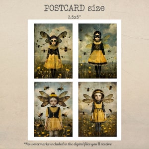 Puede incluir: Cuatro ilustraciones digitales de chicas con alas de abeja y vestidos amarillos en un campo de flores amarillas. El texto "POSTCARD size 3.5x5" est&aacute; en la parte superior de la imagen.