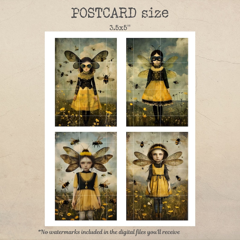 Puede incluir: Cuatro ilustraciones digitales de chicas con alas de abeja y vestidos amarillos en un campo de flores amarillas. El texto "POSTCARD size 3.5x5" est&aacute; en la parte superior de la imagen.