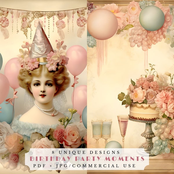 Vintage birthday party moments, printable ephemera for junk journaling, scrapbooking, card making, vintage birthday collage pages