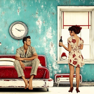 May include: A man and a woman in a vintage-style room. The man is sitting on a red couch, wearing a light gray pajama top. The woman is standing, holding a bottle of wine, and wearing a white dress with red floral print.