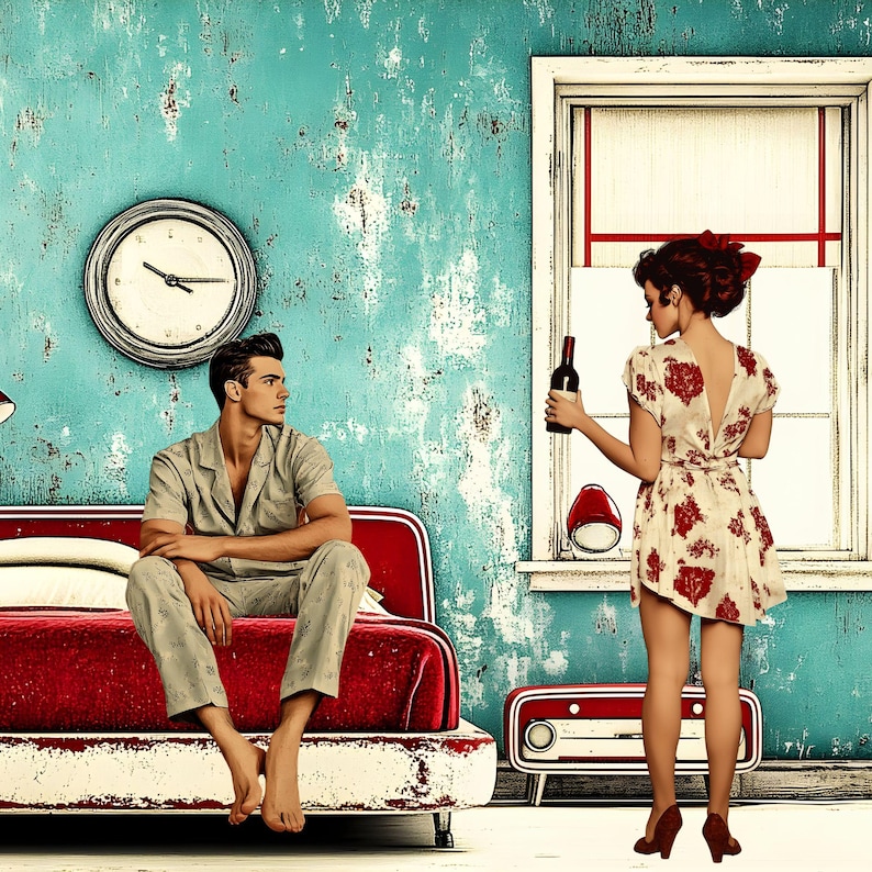May include: A man and a woman in a vintage-style room. The man is sitting on a red couch, wearing a light gray pajama top. The woman is standing, holding a bottle of wine, and wearing a white dress with red floral print.