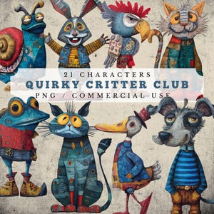 Peut inclure: Une collection de personnages illustrés fantaisistes, dont un escargot, un lapin, un perroquet, un chat, une grenouille, un canard et un chien. Le texte "21 Characters Quirky Critter Club PNG / Commercial Use" est inclus.