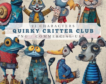 May include: A collection of whimsical, illustrated characters, including a snail, rabbit, parrot, cat, frog, duck, and dog. The image features the text "21 Characters Quirky Critter Club PNG / Commercial Use."
