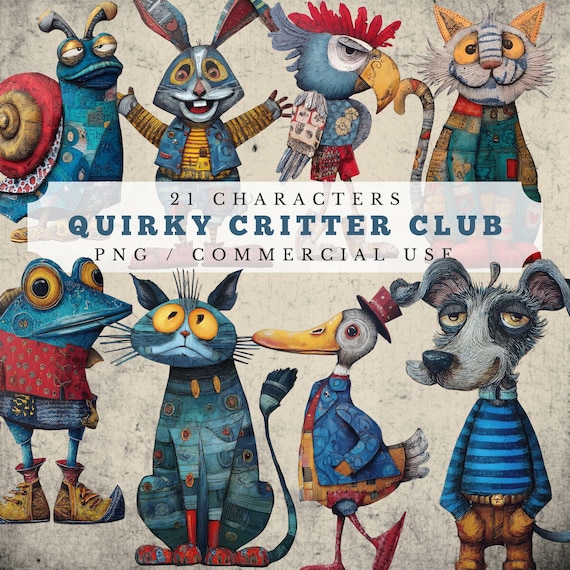Quirky Animal Clipart: Surreal Animal Collage Sheets, Whimsical Textured Creatures (Digital Papers)