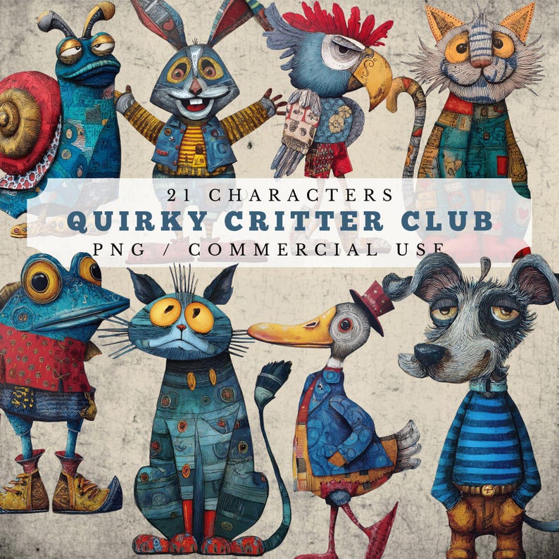 May include: A collection of whimsical, illustrated characters, including a snail, rabbit, parrot, cat, frog, duck, and dog. The image features the text "21 Characters Quirky Critter Club PNG / Commercial Use."