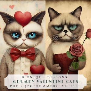 Chats grincheux de la Saint-Valentin, pages imprimables de journal indésirable, éphémères numériques pour le scrapbooking et la fabrication de cartes, art félin lunatique anti V-day