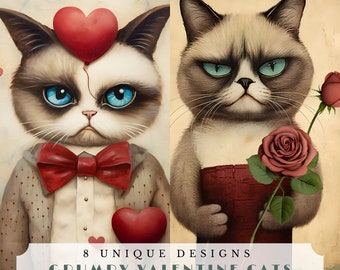 Grumpy Valentine Cats, printable junk journal pages, digital ephemera for scrapbooking and card making, anti V-day whimsical feline art