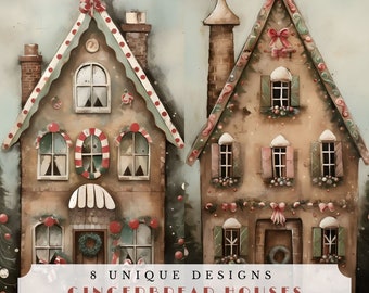 Christmas gingerbread houses, unique christmas junk journal papers, printable ephemera for scrapbooking and card making, candy houses