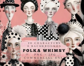 Whimsical Junk Journal Kit: Surreal Polka Dot People and Backgrounds, Digital Scrapbooking Clipart (PNG/JPG)