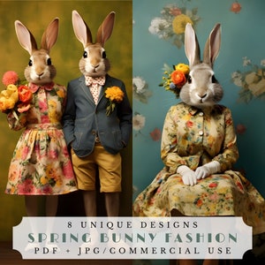 Mode lapin printanier, papiers journal pour le printemps, feuille de collage numérique, éphémères imprimables pour le scrapbooking, lapins floraux printaniers
