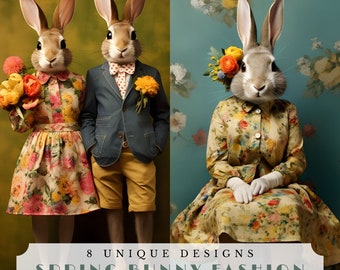 Spring bunny fashion, spring junk journal papers, digital collage sheet, printable ephemera for scrapbooking, spring floral rabbits