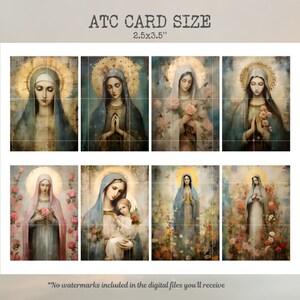 May include: A set of six digital art prints featuring a woman in a blue robe with a halo, surrounded by flowers. The prints are 2.5 inches by 3.5 inches and are perfect for creating a unique and beautiful display.