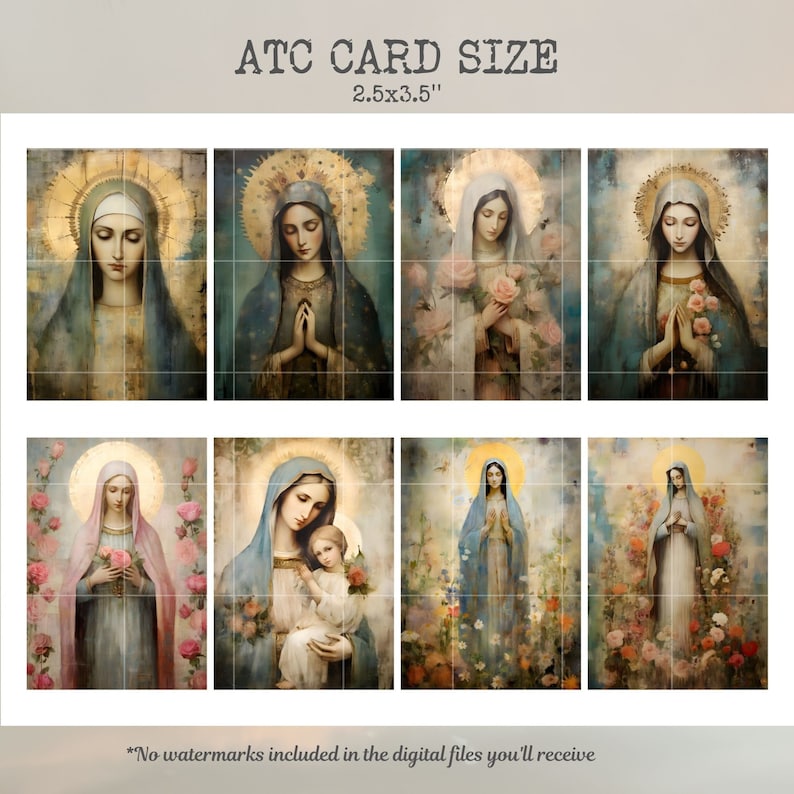 May include: A set of six digital art prints featuring a woman in a blue robe with a halo, surrounded by flowers. The prints are 2.5 inches by 3.5 inches and are perfect for creating a unique and beautiful display.