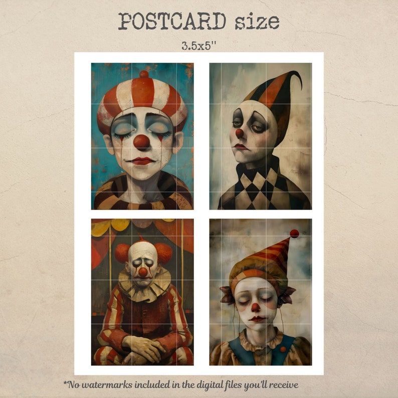 May include: Four digital illustrations of sad clowns in different poses. Each image is 3.5x5 inches and is suitable for printing on postcards.