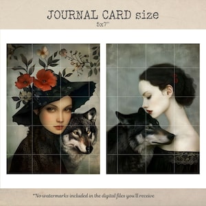 May include: Two digital art prints featuring a woman with a wolf. The woman on the left is wearing a black hat with red flowers and a black dress. The woman on the right is wearing a black dress with a red flower in her hair. Both women are looking at the wolf, which is a dark gray color.