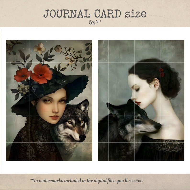 May include: Two digital art prints featuring a woman with a wolf. The woman on the left is wearing a black hat with red flowers and a black dress. The woman on the right is wearing a black dress with a red flower in her hair. Both women are looking at the wolf, which is a dark gray color.