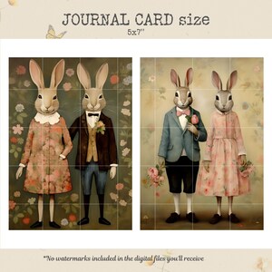 May include: Two illustrated rabbits dressed in formal attire, a pink floral dress and a blue suit with a bow tie, stand in front of a floral background. The image is labeled "JOURNAL CARD size 5x7"