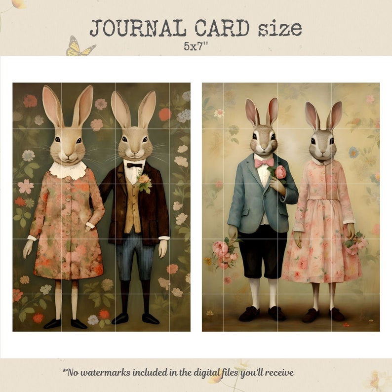 May include: Two illustrated rabbits dressed in formal attire, a pink floral dress and a blue suit with a bow tie, stand in front of a floral background. The image is labeled "JOURNAL CARD size 5x7"