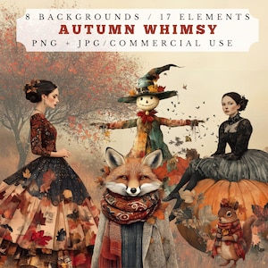 Colección de collages de otoño únicos, arte digital para diario basura, 8 fondos, 17 elementos de imágenes prediseñadas PNG, gráficos imprimibles