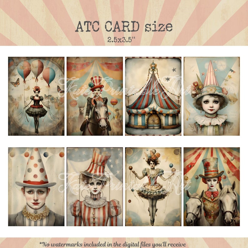 Puede incluir: Nueve im&aacute;genes digitales imprimibles de ilustraciones con tem&aacute;tica de circo en formato collage. Las im&aacute;genes presentan payasos, una carpa de circo, un caballo y globos. Las im&aacute;genes miden 2,5 pulgadas por 3,5 pulgadas.