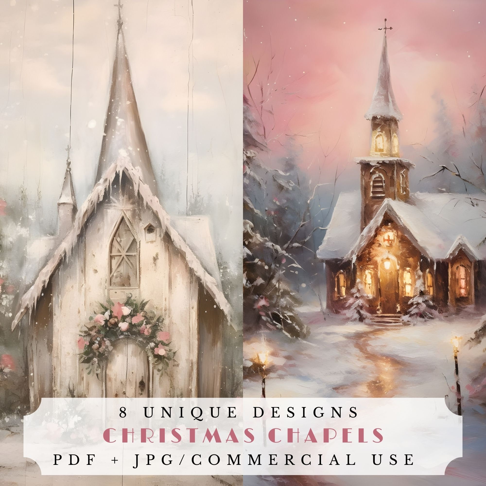Night Sky Painting Christmas Painting White Church Painting Snow Landscape  Winter Print Snow Scene Star Print Matted Print 