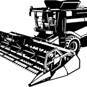 May include: A black and white illustration of a combine harvester, a large agricultural machine used for harvesting crops. The combine has a large header, a cab, and a grain tank.