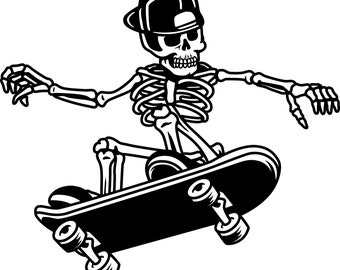 May include: A black and white illustration of a skeleton wearing a baseball cap and riding a skateboard. The skeleton is in mid-air, with its arms outstretched and its legs bent. The skateboard has wheels and a black deck.