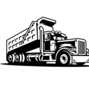 May include: A black and white illustration of a dump truck with a raised bed. The truck has a large cab and a long bed with a hinged tailgate. The truck is on a white background.