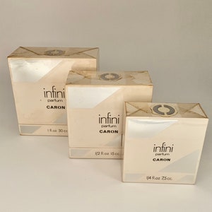 Perfume Caron Infini Original 1970. Colección de tres frascos: 30 ml, 120 ml y 64 ml. Caja vintage sellada y coleccionable.