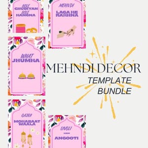 Op de afbeelding: Een sjabloonbundel voor Mehndi-decoratie, met roze kaarten met tekst en illustraties. De kaarten bevatten zinnen als "Bole Chudiyan", "Mehndi Laga Ke Rakhna" en "What Jhumka". De woorden "Mehndi Decor Template Bundle" zijn ook zichtbaar.