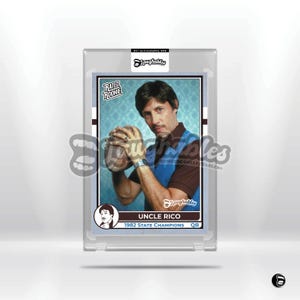 May include: A vintage-style sports trading card featuring a man in a blue and brown jersey holding a football. The card is titled "Uncle Rico" and says "1982 State Champions QB" at the bottom. The card has a "Rated Rookie" label in the top left corner.