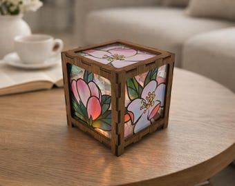 Cherry Blossom Stained Glass Look Wooden Lantern: Laser Engraved Tealight Candle Holder