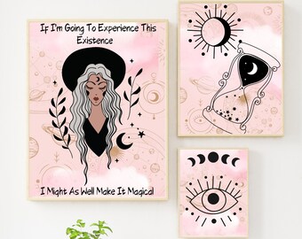 Witchy Goddess Wall Art Manifestation Set of Three Pink and Black Witchy Printable Wall art Mystical Wall Art Moon Art Print Original Quote