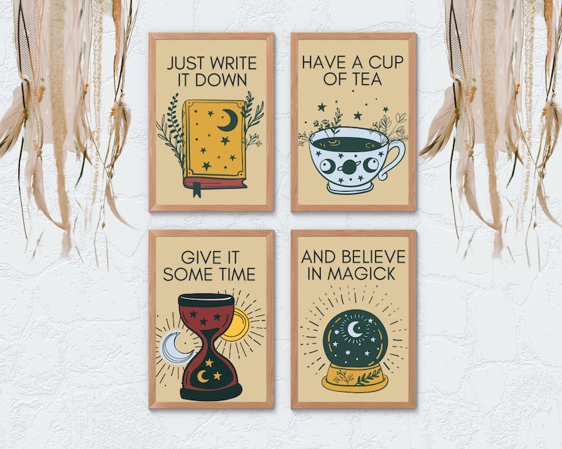 May include: Four framed prints with a yellow background and black outlines. The prints feature illustrations of a book, a teacup, an hourglass, and a snow globe. Each print has a quote related to magic and self-care. The quotes are "Just write it down", "Have a cup of tea", "Give it some time", and "And believe in magick".