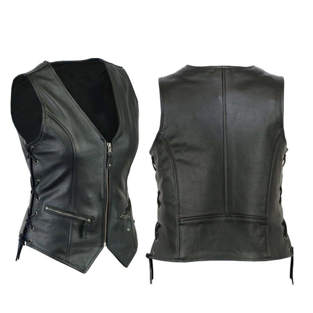 Women Black Leather Vest Motorcycle Vest Women Biker Vest Etsy