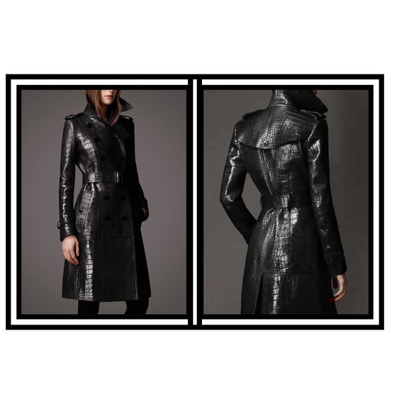 Women's Crocodile Real Leather Coat Embossed Long Coat 