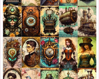 May include: A collage of 16 images with a steampunk theme. The images include a hot air balloon, a clock, a compass, a train, a bird, a diver, a woman in a corset, and a woman in a top hat. The collage is framed with a brown border and the text "0001 STEAMPUNK" is printed at the bottom.