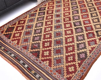 5x8 Authentic Vivid Kilim Area Rug, Handmade Wool Jute Rug,Burgundy Gold Color, Farmhouse Decor, Living Room Bedroom