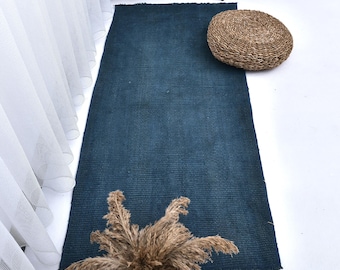 90x150 Hanf Läufer, 2x5, Natürlicher Jute Hanf Teppich, 2x5, Natürlicher Hanf Teppich, Blauer Läufer, Mid Century Modern Teppich, Antik